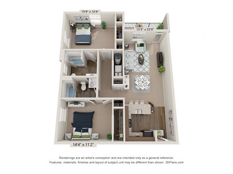Floor plan for 2 beds, 2 baths, 1162 sqft